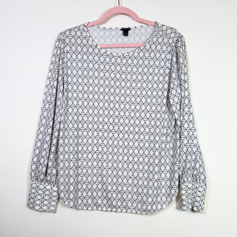 ANN TAYLOR White Black Geometric Print Long Sleeve Blouse LP